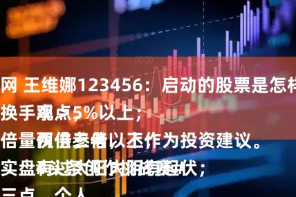 富盈网 王维娜123456：启动的股票是怎样的？
一、换手率＞5%以上；
二、倍量两倍三倍以上；
三、实盘有过大阳大阴有起伏；
以上三点，个人观点，
仅供参考，不作为投资建议。
#头条创作挑战赛#